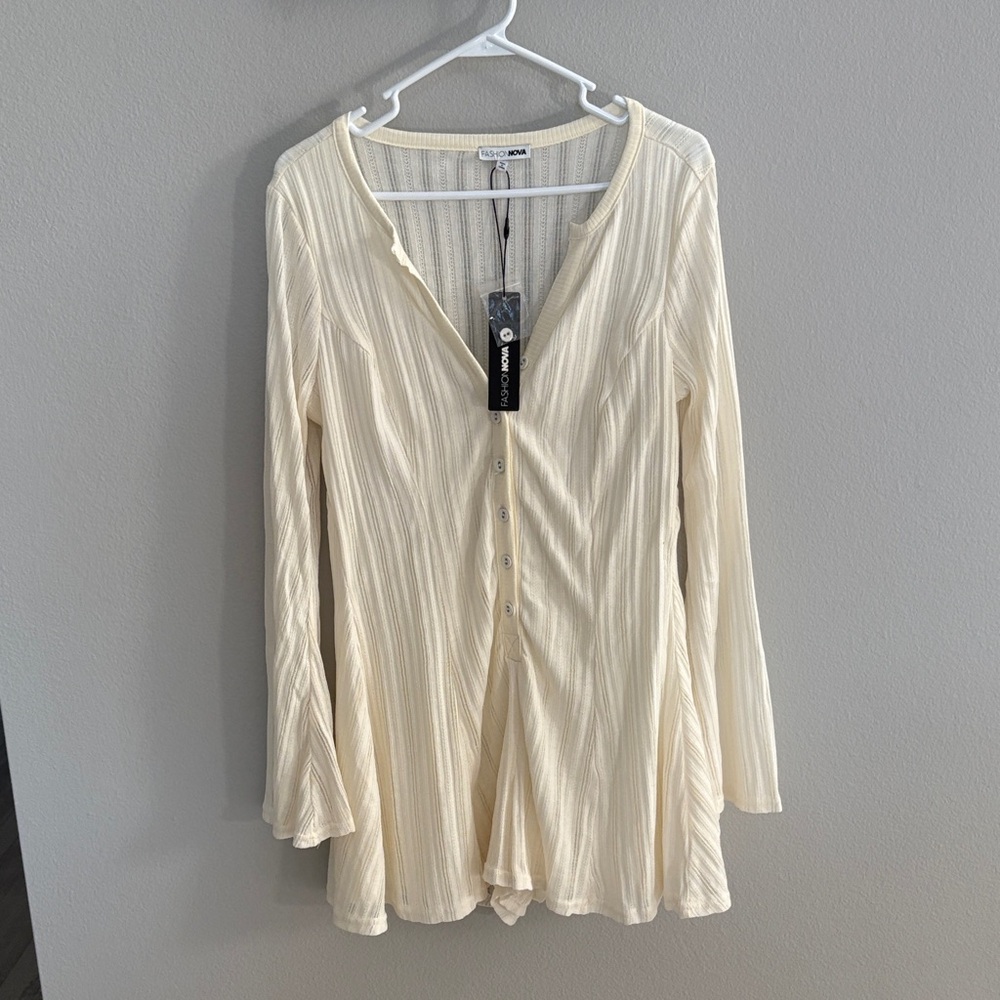 Fashion Nova Cream Ribbed Long Sleeve Romper